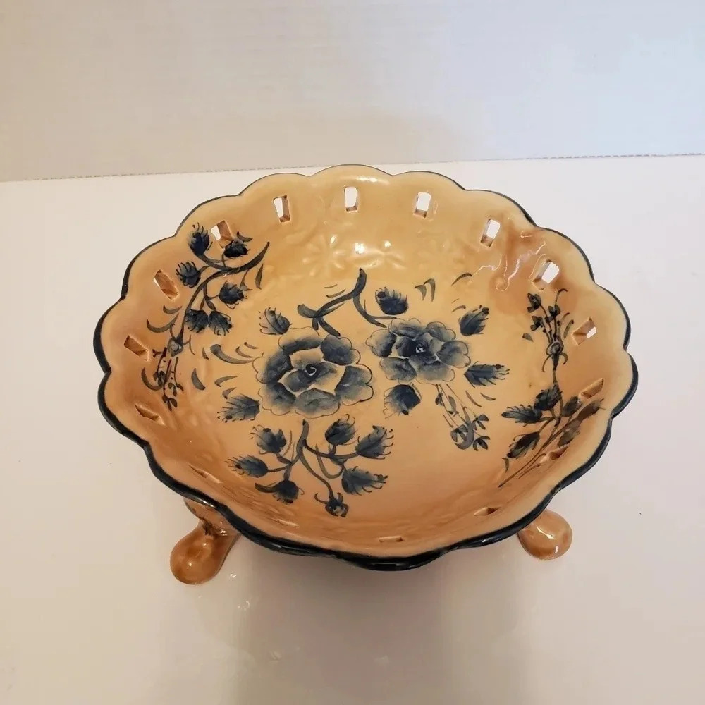 Vintage Katherine's Collection Handpainted Footed Blue Floral Candy  Dish.